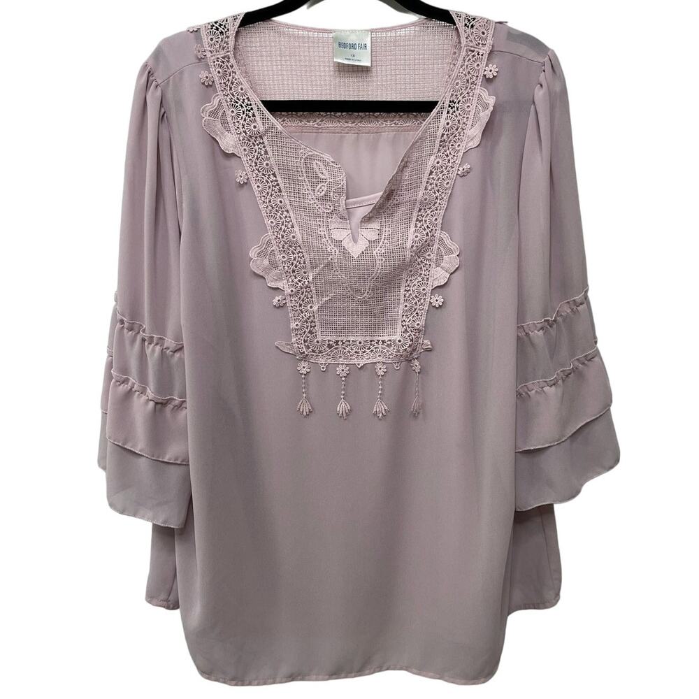 Bedford Fair Chiffon Tiered Sleeve Blouse with Tank Top Set Pink Womens‎ Plus 1X